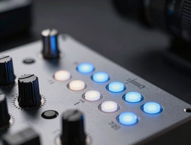 Macro photography focusing on a professional digital audio interface with glowing LED indicators in shades of ice blue and soft white. The background is a dark, blurred North American studio environment.