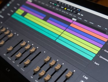 Detailed shot of a DAW software interface with colorful track regions and fader icons. The lighting reflects a professional, precise studio mood.