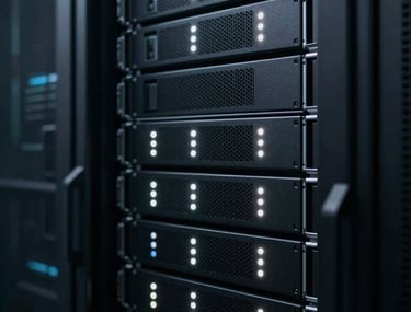 Clean, technical close-up of a server rack with soft white indicator lights in a dark data center room. Modern and high-tech atmosphere, black and dark grey tones.