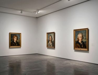 A wide shot of a modern, minimal art gallery in Istanbul with large white walls and dark floors. Soft, even lighting, architectural focus.