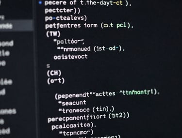 Detail of a minimalist coding interface with syntax highlighting in white and grey on a dark background. Very clean and professional tech imagery.