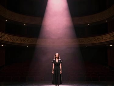 Cinematic photography of a single actress on a dark theater stage, illuminated by a soft, pale pink beam of light from above.