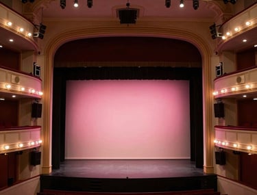 A top-down architectural view of a theater stage being lit with pink lights, showing technical symmetry and professional setup.