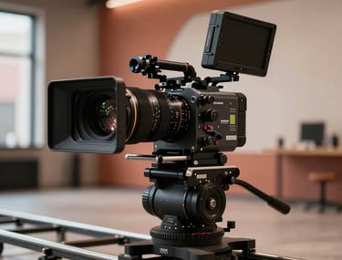 Close-up candid shot of a high-end cinema camera on a dolly track, soft focus background of an urban North American loft, warm terracotta accent lighting.