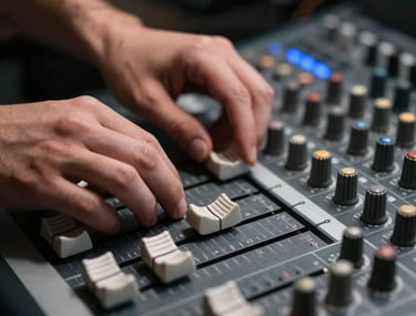 Close up of a sound mixer's hands on a fader board in a dark studio. Soft charcoal and silver tones with blue lighting.