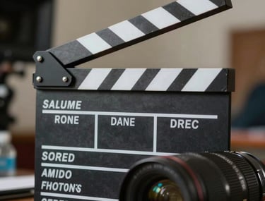 A close up of a film slate being snapped in front of a lens. Background is a blurred cinematic set.