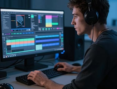 Candid shot of a film editor looking at a color grading panel. Moody blue lighting, charcoal shadows.