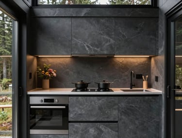 Interior view of a modular lodge showing a compact, high-tech kitchen. Minimalist design in slate muted colors. Large window looking out at evergreen trees. Professional photography.