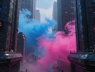 Detailed photography of a futuristic city environment in a game engine. Volumetric blue and magenta fog drifts between slate dark buildings. North American / US sci-fi aesthetic. 8k resolution, cinematic lighting.