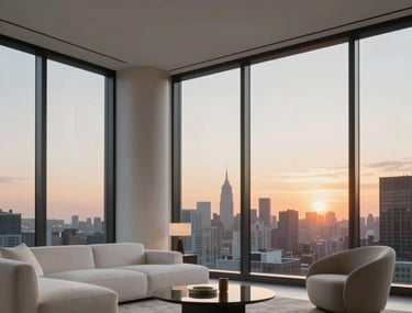 A photorealistic architectural render of a luxury penthouse interior in New York. Floor-to-ceiling windows reveal a sunset. Minimalist furniture in cloud white and slate tones. Cinematic soft lighting.