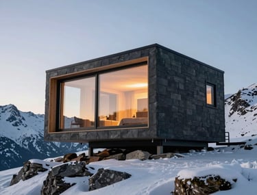 Cinematic photography of a modern modular cabin perched on a snowy mountain ridge. Architectural concept with sharp angles and warm interior light. North American / US landscape. Slate dark exterior walls.