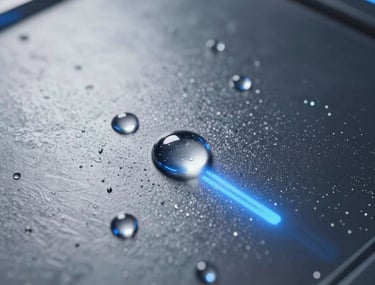 Close-up of high-quality 3D textures on a futuristic metallic surface. Raindrops reflecting neon lights in cloud white and midnight blue tones. Modern game engine rendering style.