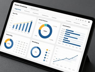 A premium structured dashboard with neat layouts, business analytics visually represented in a clean, sophisticated slate tone, luxury lighting.