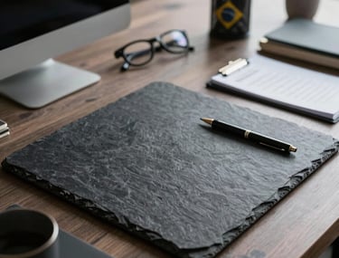 A refined workplace with dark slate textures, showcasing professional strategy tools and high-end Brazilian corporate ambiance.