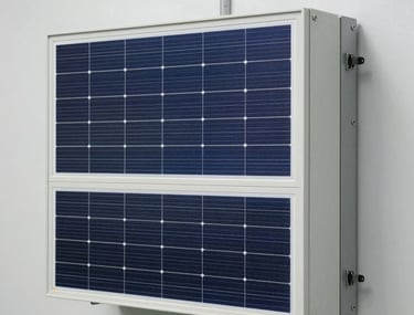 Clean, bright photography of a large industrial hybrid solar inverter mounted on a wall in a professional installation setting.