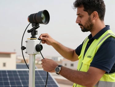 Photography of a professional technician in a branded safety vest installing advanced solar monitoring equipment. The scene is bright and highlights clean engineering work. Middle Eastern / Yemeni setting.