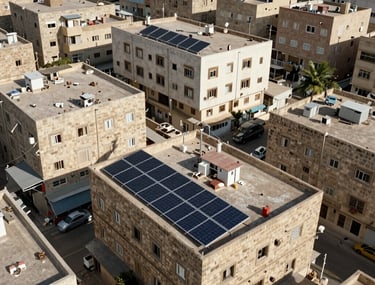 Aerial view of a city residential area in Yemen featuring rooftop solar panel arrays on multiple buildings. Daytime photography.