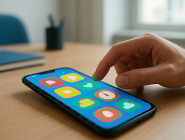 A close-up photograph of a hand interacting with a vibrant Android app on a high-resolution screen. The interface is colorful and playful. Bright, natural lighting in a modern International / European home office. Deep blue and off-white accents dominate the scene.