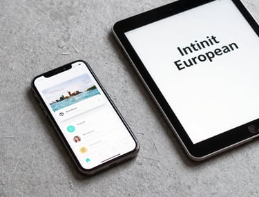 Clean flat-lay photography of a smartphone and a tablet on a grey textured surface, displaying a unified app brand. Professional, minimal, International / European.