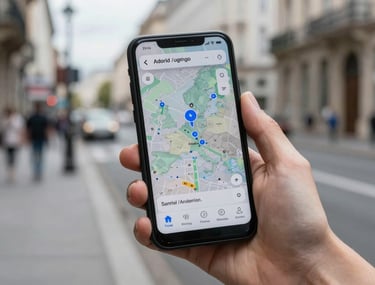 A close-up of a hand holding an Android phone in a city setting. The screen shows a map app with vibrant blue markers. International / European city street background.