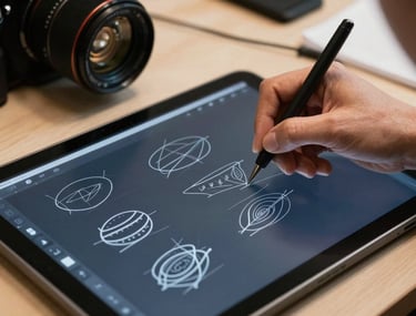 A designer's hand drawing wireframes on a digital tablet. The screen shows a dark blue interface layout. Professional lighting, International / European studio.