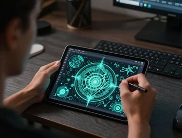 An over-the-shoulder shot of a designer using a tablet to draw intricate neon teal digital art. The room is dark and modern. North American / US creative studio.
