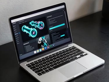 A sleek, modern laptop open on a black desk, showing a high-end web design with liquid animations and neon cyan accents. North American / US creative studio.