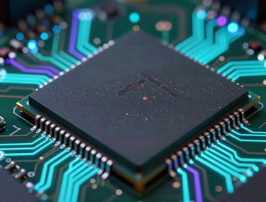 A macro shot of a computer chip or digital circuit board glowing with neon cyan and violet pulses, representing high-end digital infrastructure. Cinematic lighting, North American / US tech aesthetic.