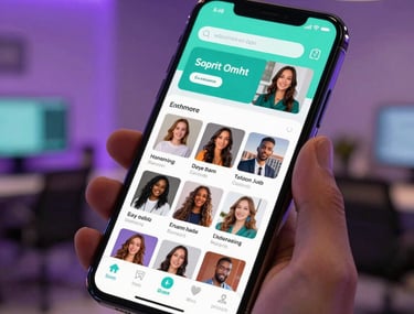 A close-up of a high-resolution smartphone screen showing a vibrant, professionally managed social media feed with iridescent teal accents. The phone is held in a creative office setting in a North American / US city with soft purple bokeh in the background.
