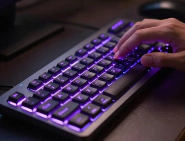 A close-up of a high-end keyboard with glowing violet RGB lighting, in a dark studio. Fingers are typing code or editing video. North American / US professional office.