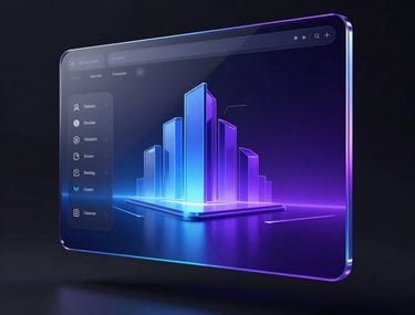 A 3D glassmorphism interface floating in a dark space, reflecting electric blue and deep violet light. The design represents modern web architecture. Cinematic render.
