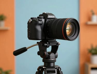 A vibrant and artistic photograph of a high-end camera lens on a professional tripod in a bright Delhi studio. The background features light blue and orange accent walls, suggesting a creative marketing environment.