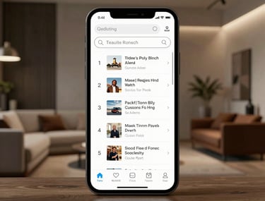 A minimalist photograph of a high-end smartphone displaying a search engine results page with a local business ranking first. The background is a stylish South Asian interior design with professional lighting.