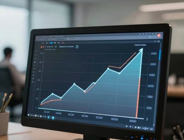 A professional photography shot of a high-end digital dashboard showing rising growth charts in light blue and orange on a dark screen. The background is a blurred South Asian corporate office setting with soft professional lighting.