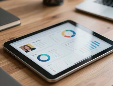 A close-up of a high-tech tablet on a wooden office desk in Delhi, showing social media analytics and ad performance metrics. The lighting is bright and modern, with a professional business atmosphere.
