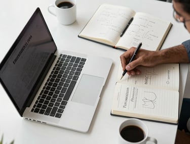 An overhead shot of a professional brainstorming session in an Indian marketing agency. A clean white desk has a laptop, a notebook with strategy notes, and a cup of coffee. No faces visible, focusing on the work and tools.