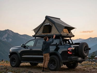 A male overlander in rugged outdoor apparel setting up a hardshell rooftop tent on a black expedition-ready truck. The setting is a mountain clearing at sunrise in North America. Cinematic wide-angle composition.