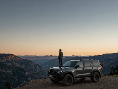A wide-angle landscape shot of a rugged vehicle parked on a high ridge overlooking a vast valley in the Pacific Northwest. A lone man stands by the hood looking at the horizon. Cinematic, epic composition at dusk.