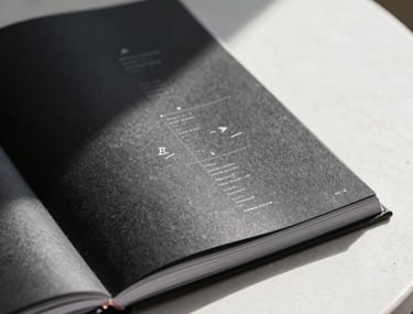 Close-up shot of a premium, dark-colored brand guidelines book lying on a minimalist white stone table with dramatic lighting shadows.