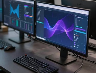 High-end commercial photography of a sleek, North American fintech workspace with dark surfaces and high-definition monitors displaying abstract data in deep blue and purple hues.