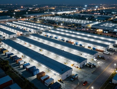 A wide-lens shot of a modern, organized logistics hub at night, glowing with cool blue and white lights, symbolizing speed and order in a North American industrial district.