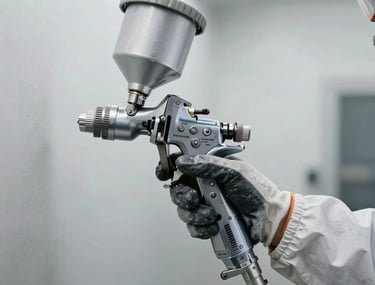 Photography of a professional painter's gloved hand adjusting the settings on a high-precision spray gun inside a brightly lit, clean paint booth in French / Charente-Maritime.