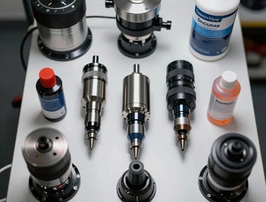 Top-down view of a workstation with various polishing heads and high-end automotive compounds in French / Charente-Maritime.