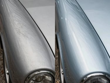 Comparison split shot: left side shows a dull, scratched fender; right side shows the same fender polished to a brilliant shine in French / Charente-Maritime.