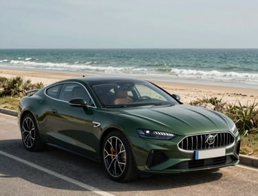 Photography of a sleek dark green car parked by the Atlantic coast in French / Charente-Maritime, highlighting luxury and location.