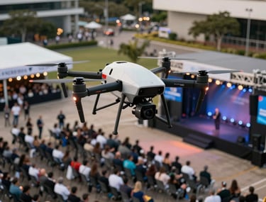 A high-tech drone hovering over a large outdoor corporate event in a modern Brazilian plaza. The composition shows the crowd and the stage from a high-angle perspective, emphasizing scale. Professional lighting.