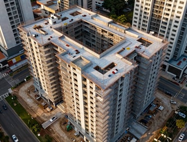A high-precision aerial shot of a luxury residential construction site in São Paulo, showing the geometric patterns of the structure from above during daylight. Modern engineering aesthetic with a clean look. South American / Brazilian setting.