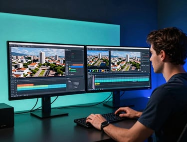 A professional video editor working in a dark room with light aqua and deep blue accent lights. Monitors show 4K aerial footage of a Brazilian city. Clean, minimalist workspace.