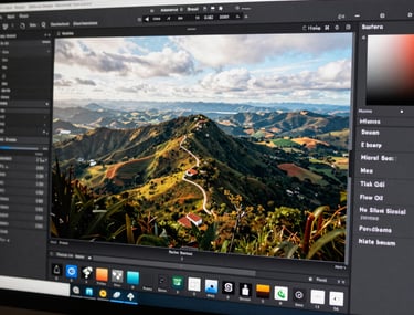 A color grading interface on a high-resolution screen, displaying a before-and-after shot of an aerial landscape in Brazil. Professional software aesthetic.