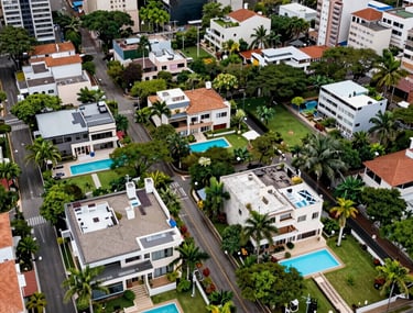 A drone's eye view of a green upscale neighborhood in São Paulo, featuring luxury homes with pools and modern architecture. Sharp focus, vibrant muted green and deep blue tones. South American / Brazilian context.